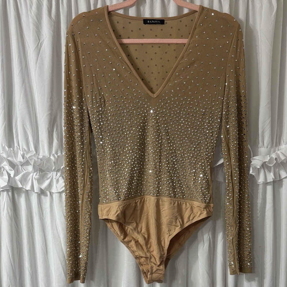 Elegant Tan Rhinestone Bodysuit By